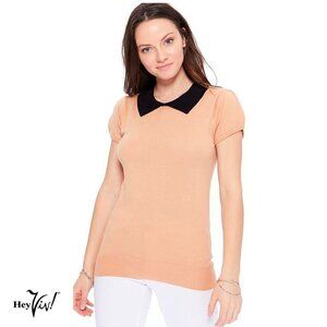 Peter Pan Collar Knit Top Tan and Black Short Sleeve Retro Style - Size Large